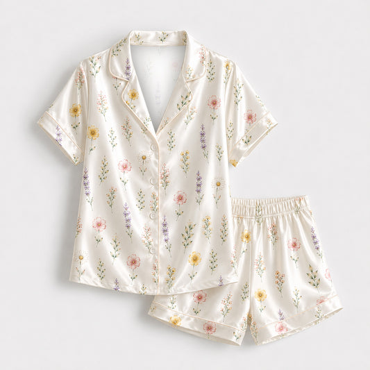 PJ-M166-Cream Wildflower Floral Satin Pajama Set Two Piece Sleepwear Button Up Botanical Loungewear