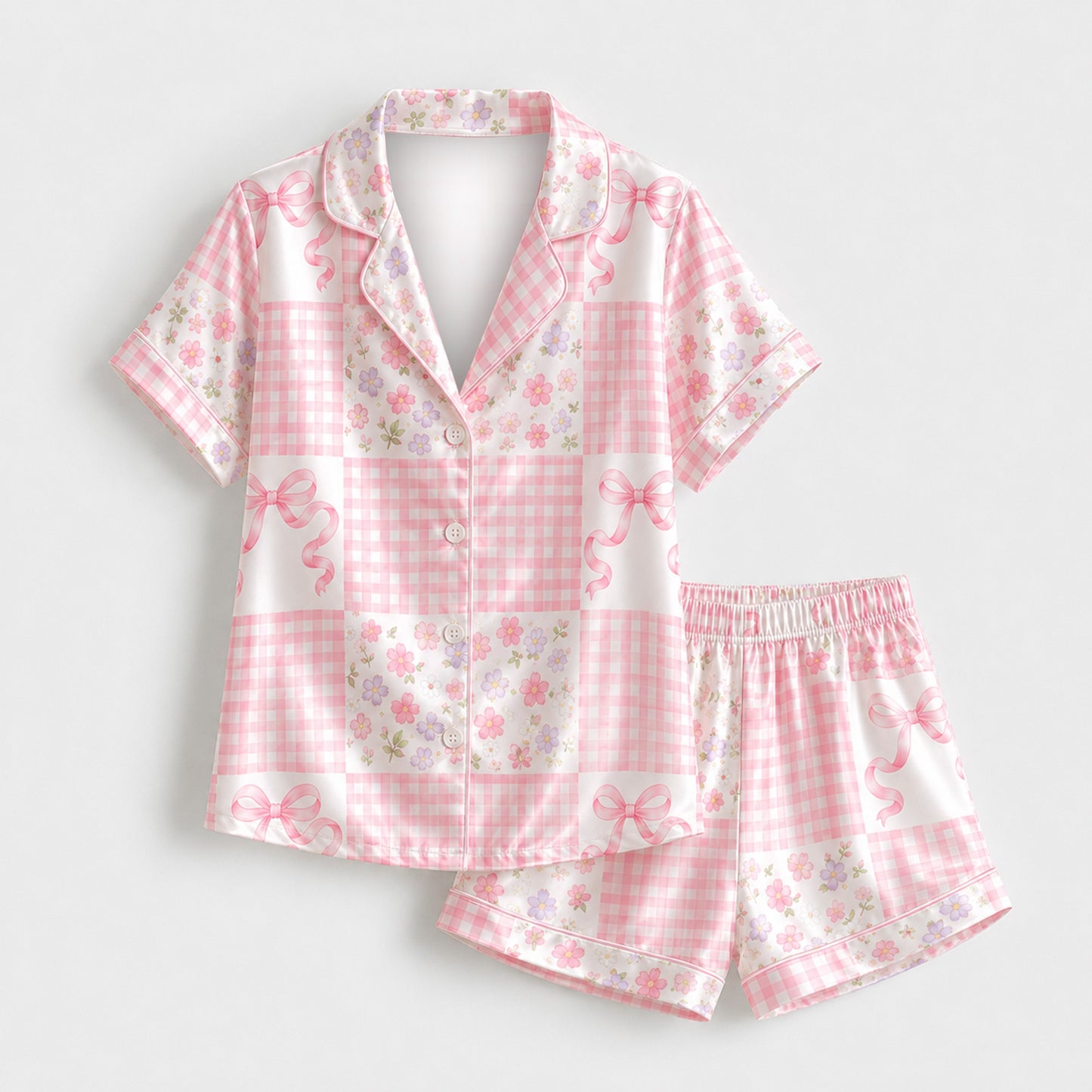 PJ-M167-Pink Gingham Patchwork Floral Bow Satin Pajama Set Two Piece Sleepwear Button Up Coquette Loungewear