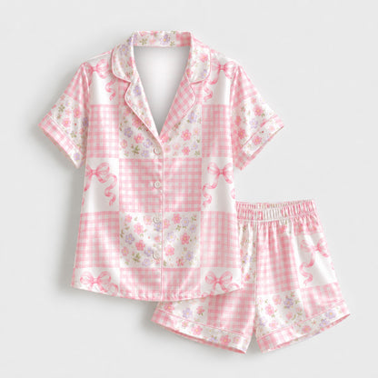 PJ-M167-Pink Gingham Patchwork Floral Bow Satin Pajama Set Two Piece Sleepwear Button Up Coquette Loungewear