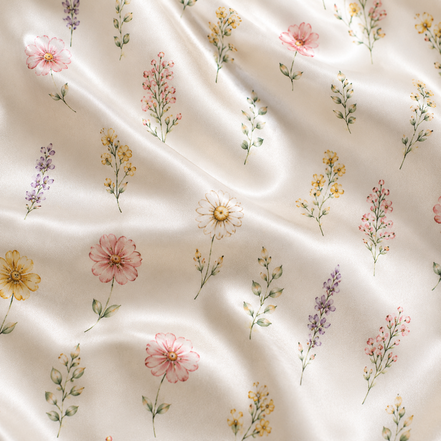 PJ-M166-Cream Wildflower Floral Satin Pajama Set Two Piece Sleepwear Button Up Botanical Loungewear