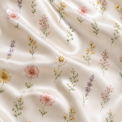 PJ-M166-Cream Wildflower Floral Satin Pajama Set Two Piece Sleepwear Button Up Botanical Loungewear