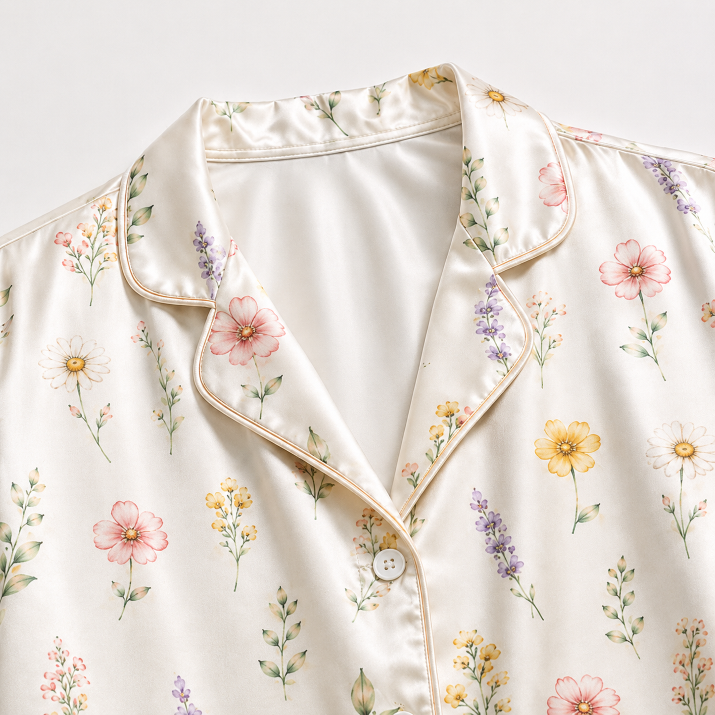 PJ-M166-Cream Wildflower Floral Satin Pajama Set Two Piece Sleepwear Button Up Botanical Loungewear