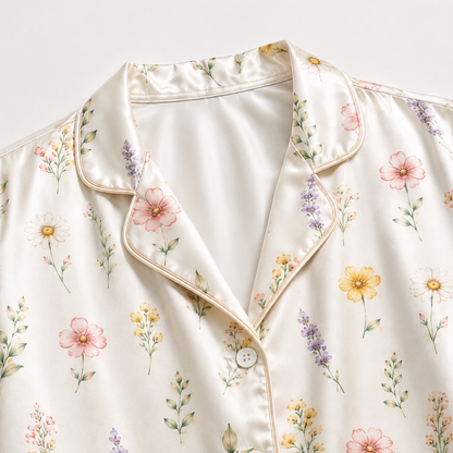 PJ-M166-Cream Wildflower Floral Satin Pajama Set Two Piece Sleepwear Button Up Botanical Loungewear