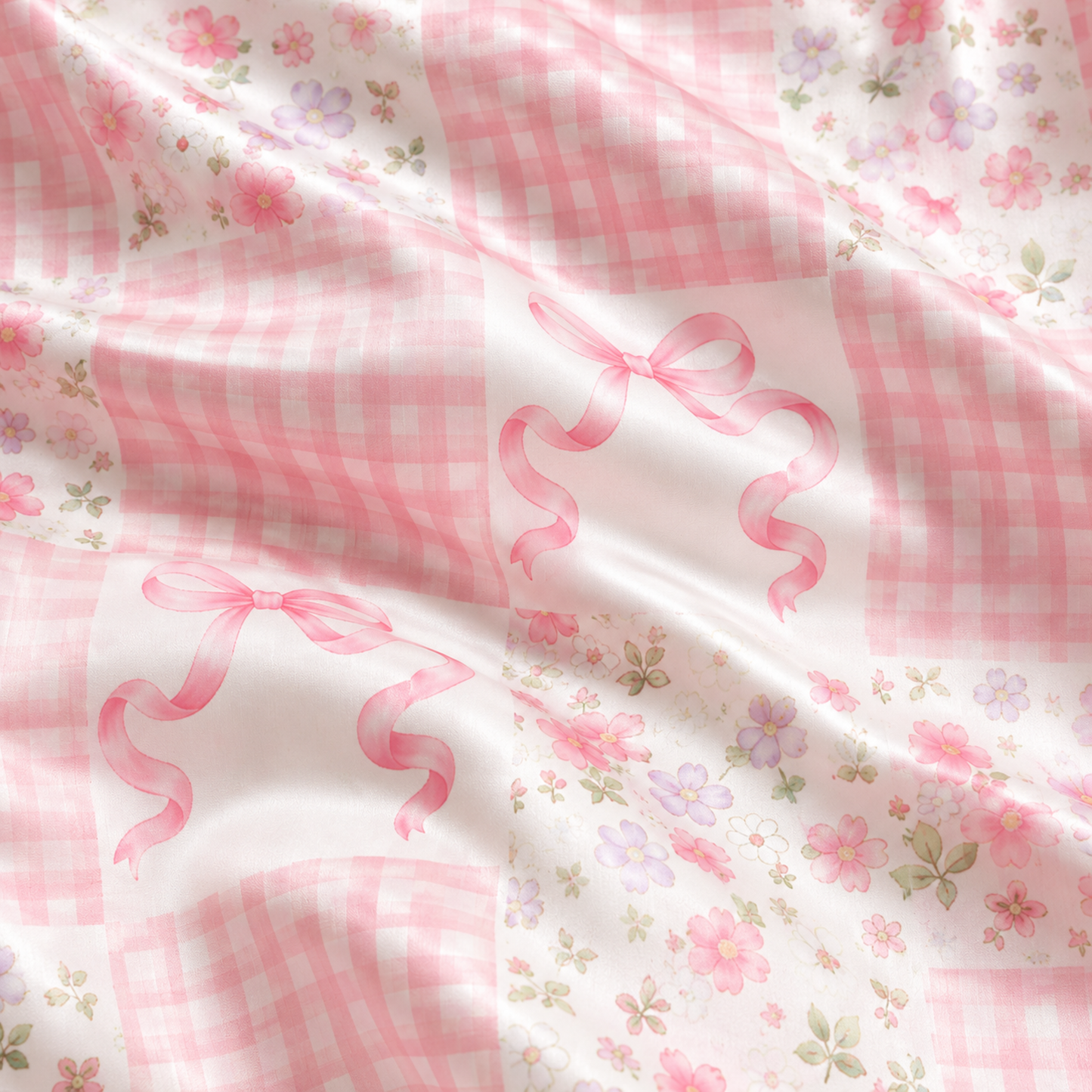 PJ-M167-Pink Gingham Patchwork Floral Bow Satin Pajama Set Two Piece Sleepwear Button Up Coquette Loungewear