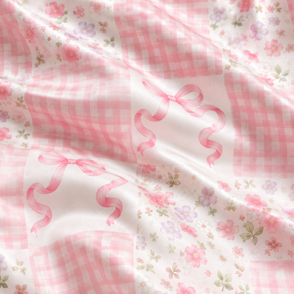 PJ-M167-Pink Gingham Patchwork Floral Bow Satin Pajama Set Two Piece Sleepwear Button Up Coquette Loungewear