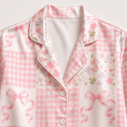 PJ-M167-Pink Gingham Patchwork Floral Bow Satin Pajama Set Two Piece Sleepwear Button Up Coquette Loungewear