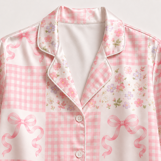 PJ-M167-Pink Gingham Patchwork Floral Bow Satin Pajama Set Two Piece Sleepwear Button Up Coquette Loungewear