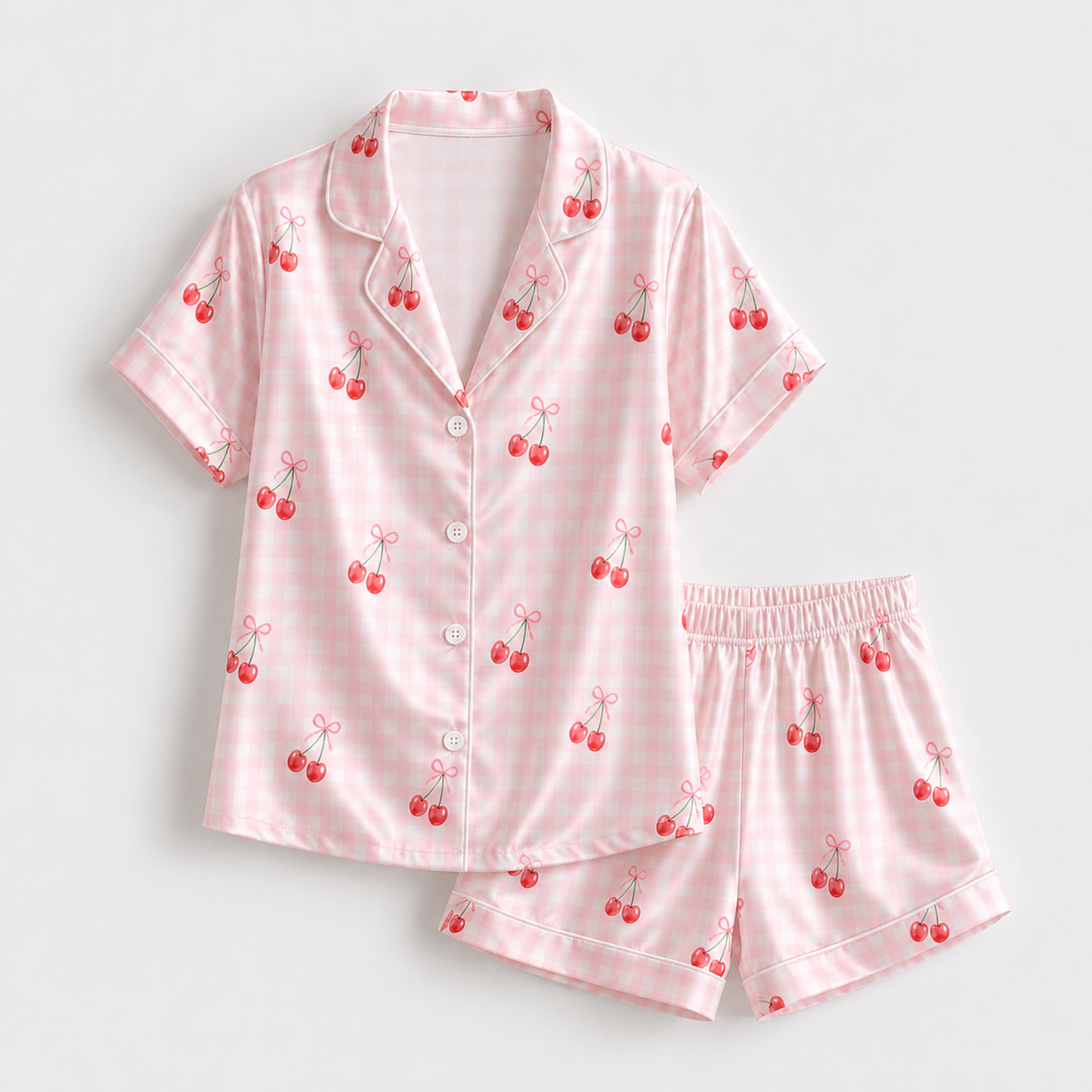 PJ-M168-Pink Gingham Cherry Bow Satin Pajama Set Coquette Two Piece Sleepwear Button Up Loungewear