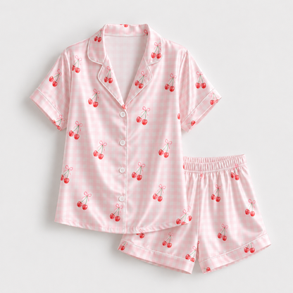 PJ-M168-Pink Gingham Cherry Bow Satin Pajama Set Coquette Two Piece Sleepwear Button Up Loungewear
