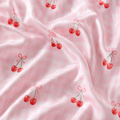 PJ-M168-Pink Gingham Cherry Bow Satin Pajama Set Coquette Two Piece Sleepwear Button Up Loungewear