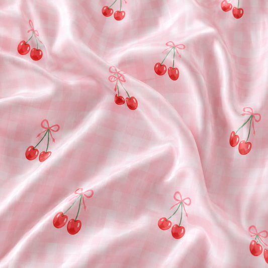 PJ-M168-Pink Gingham Cherry Bow Satin Pajama Set Coquette Two Piece Sleepwear Button Up Loungewear