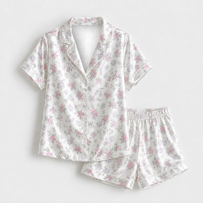 PJ-M169-White Ditsy Floral Satin Pajama Set Pink Blue Flowers Two Piece Sleepwear Button Front Loungewear