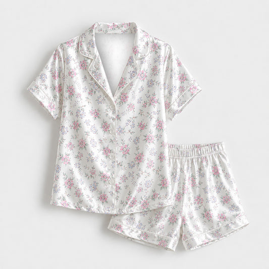 PJ-M169-White Ditsy Floral Satin Pajama Set Pink Blue Flowers Two Piece Sleepwear Button Front Loungewear