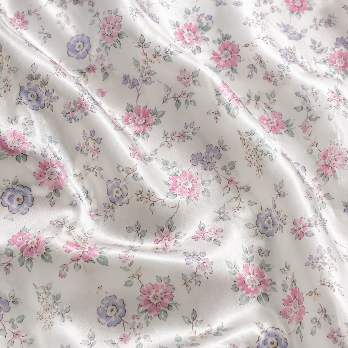 PJ-M169-White Ditsy Floral Satin Pajama Set Pink Blue Flowers Two Piece Sleepwear Button Front Loungewear