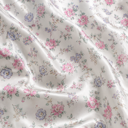 PJ-M169-White Ditsy Floral Satin Pajama Set Pink Blue Flowers Two Piece Sleepwear Button Front Loungewear