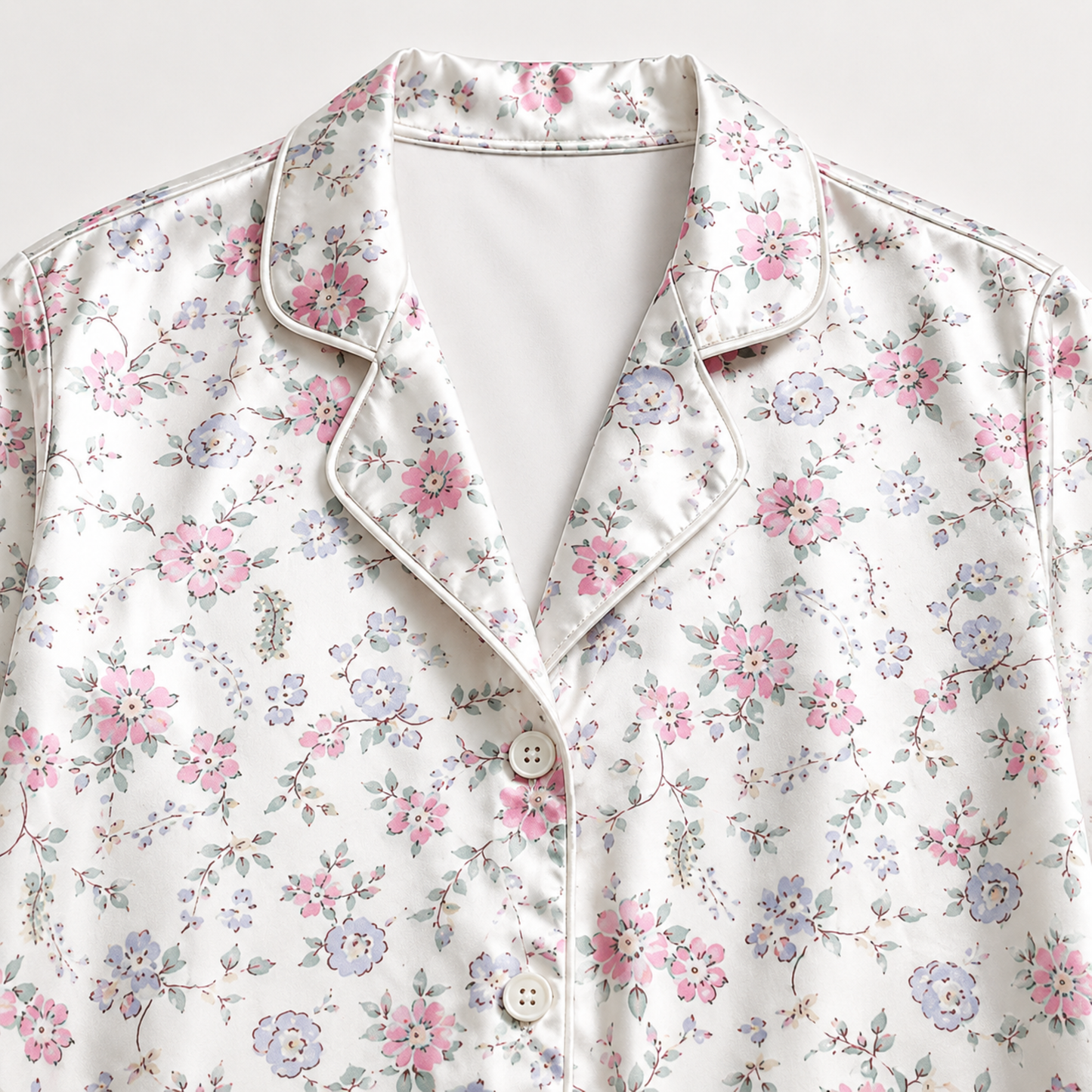 PJ-M169-White Ditsy Floral Satin Pajama Set Pink Blue Flowers Two Piece Sleepwear Button Front Loungewear