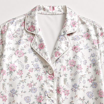 PJ-M169-White Ditsy Floral Satin Pajama Set Pink Blue Flowers Two Piece Sleepwear Button Front Loungewear