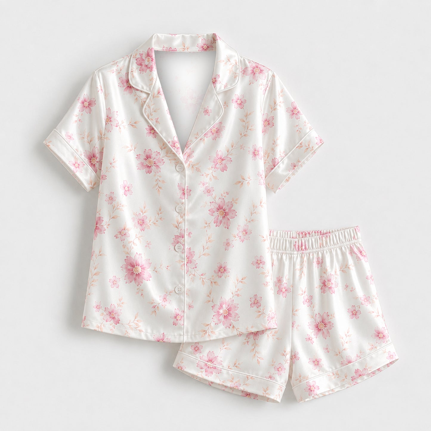 PJ-M170-White Satin Floral Pajama Apparel, Pink Blossom Pattern Loungewear Sleepwear Collection Top Bottom Clothing