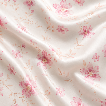 PJ-M170-White Satin Floral Pajama Apparel, Pink Blossom Pattern Loungewear Sleepwear Collection Top Bottom Clothing