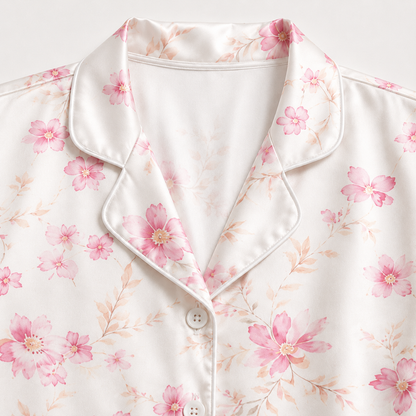 PJ-M170-White Satin Floral Pajama Apparel, Pink Blossom Pattern Loungewear Sleepwear Collection Top Bottom Clothing