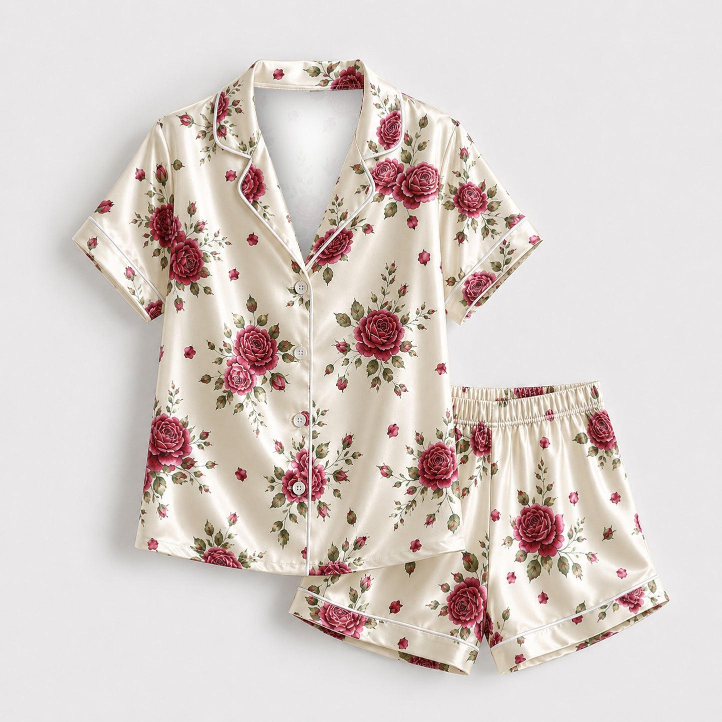 PJ-M171-Cream Satin Rose Pajama Apparel, Floral Botanical Pattern Loungewear Sleepwear Collection Top Bottom Clothing