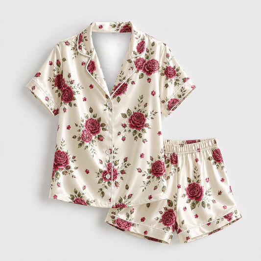 PJ-M171-Cream Satin Rose Pajama Apparel, Floral Botanical Pattern Loungewear Sleepwear Collection Top Bottom Clothing