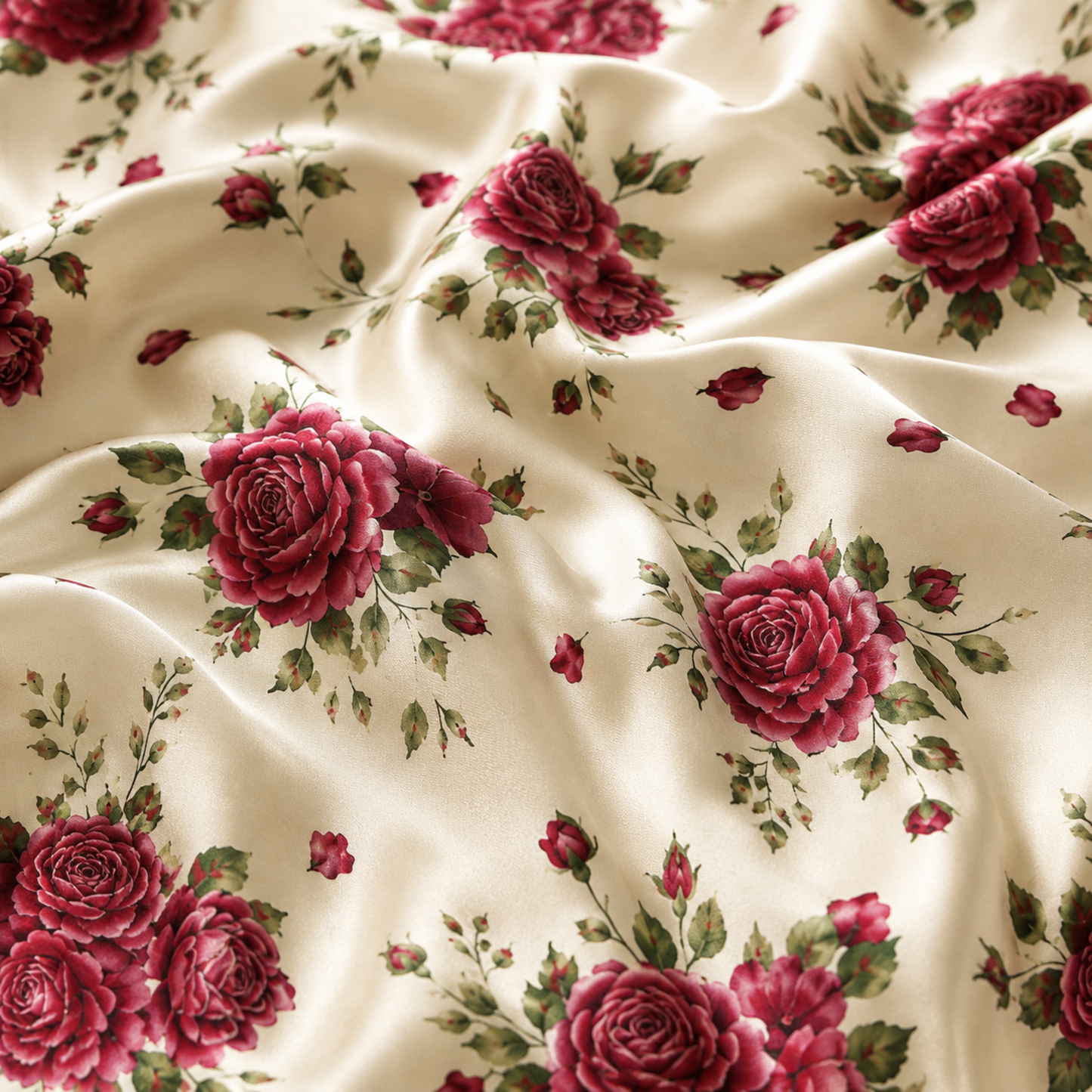 PJ-M171-Cream Satin Rose Pajama Apparel, Floral Botanical Pattern Loungewear Sleepwear Collection Top Bottom Clothing