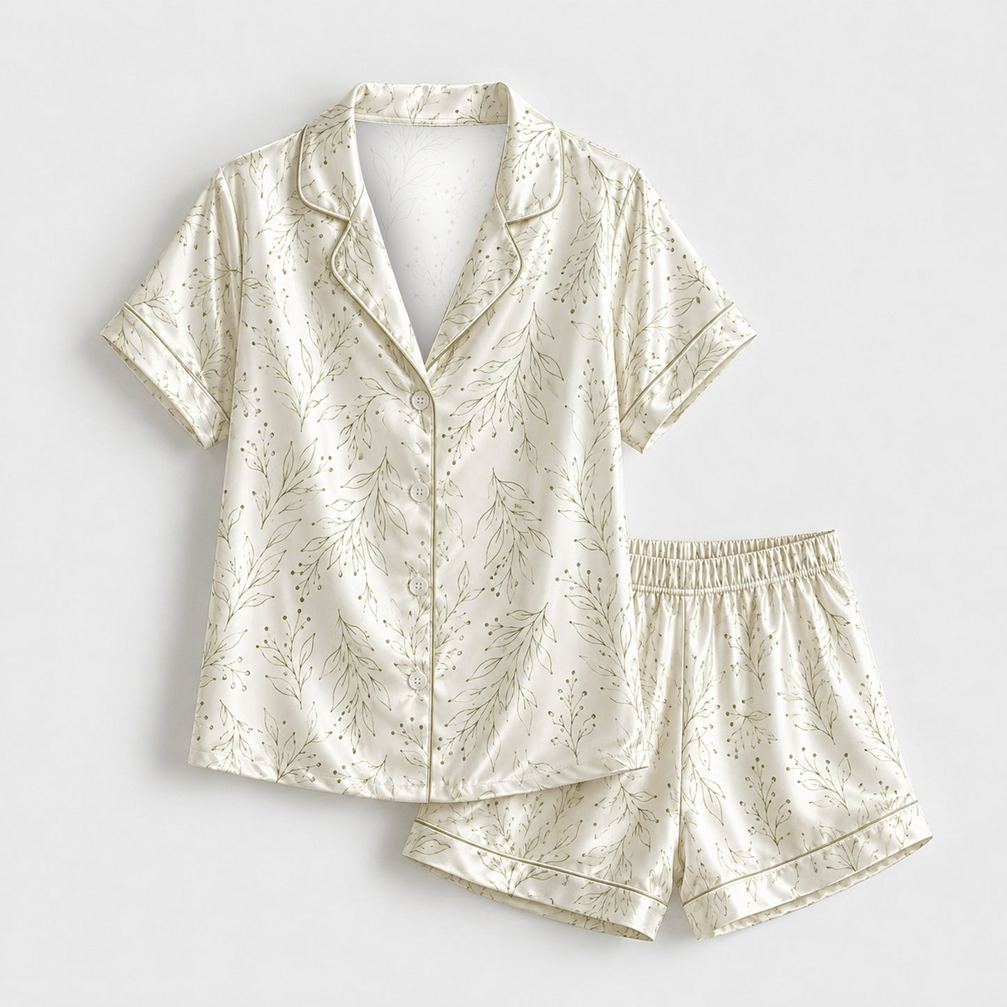 PJ-M172-Beige Foliage Pajama Apparel, Sweet Printed Loungewear Sleepwear Collection Top Bottom Attire