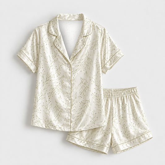 PJ-M172-Beige Foliage Pajama Apparel, Sweet Printed Loungewear Sleepwear Collection Top Bottom Attire