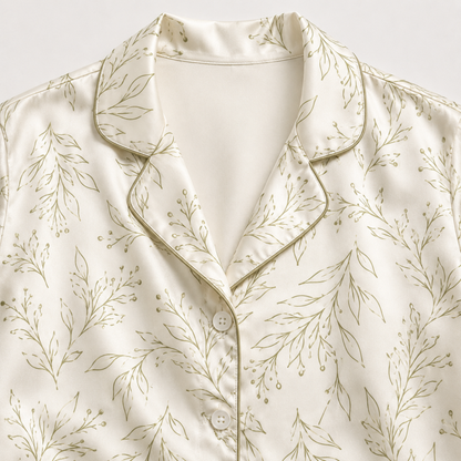PJ-M172-Beige Foliage Pajama Apparel, Sweet Printed Loungewear Sleepwear Collection Top Bottom Attire