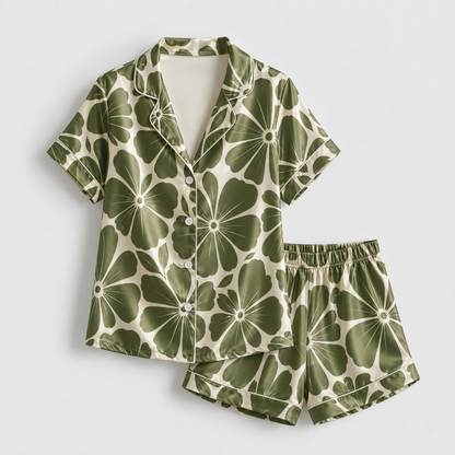 PJ-M173-Moss Satin Nightwear Pajama Apparel, Whimsical Petal Component Loungewear Sleepwear Collection Top Bottom Garments