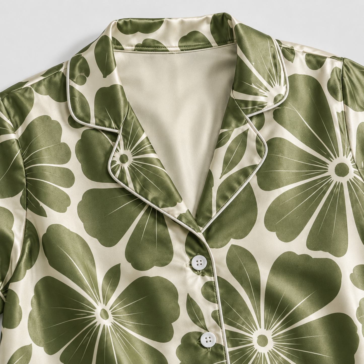 PJ-M173-Moss Satin Nightwear Pajama Apparel, Whimsical Petal Component Loungewear Sleepwear Collection Top Bottom Garments