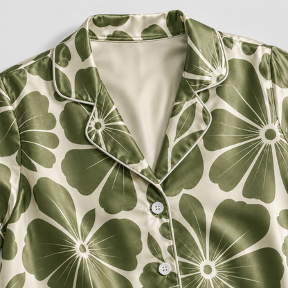 PJ-M173-Moss Satin Nightwear Pajama Apparel, Whimsical Petal Component Loungewear Sleepwear Collection Top Bottom Garments
