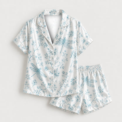 PJ-M175-Blue Satin Dragonfly Pajama Apparel, Botanical Floral Pattern Loungewear Sleepwear Collection Top Bottom Clothing