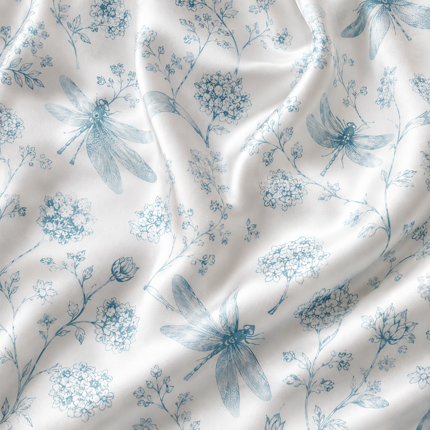 PJ-M175-Blue Satin Dragonfly Pajama Apparel, Botanical Floral Pattern Loungewear Sleepwear Collection Top Bottom Clothing