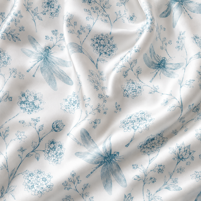 PJ-M175-Blue Satin Dragonfly Pajama Apparel, Botanical Floral Pattern Loungewear Sleepwear Collection Top Bottom Clothing