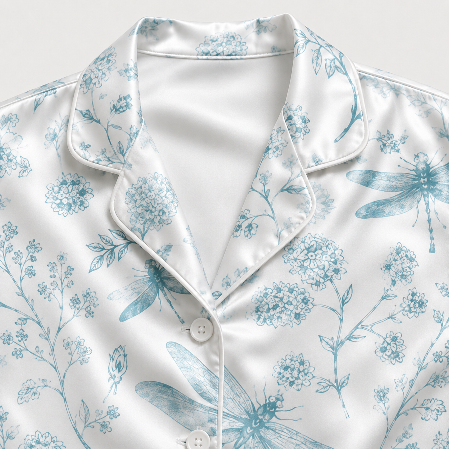 PJ-M175-Blue Satin Dragonfly Pajama Apparel, Botanical Floral Pattern Loungewear Sleepwear Collection Top Bottom Clothing