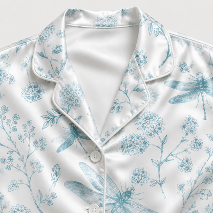 PJ-M175-Blue Satin Dragonfly Pajama Apparel, Botanical Floral Pattern Loungewear Sleepwear Collection Top Bottom Clothing