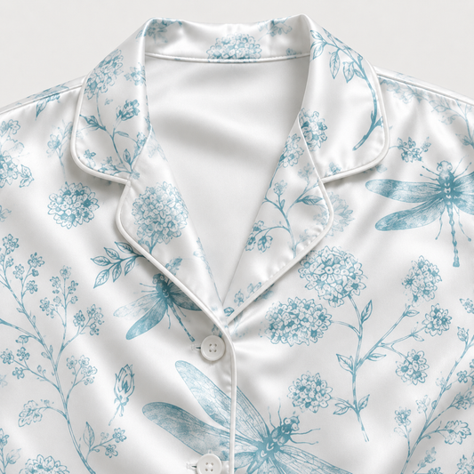 PJ-M175-Blue Satin Dragonfly Pajama Apparel, Botanical Floral Pattern Loungewear Sleepwear Collection Top Bottom Clothing