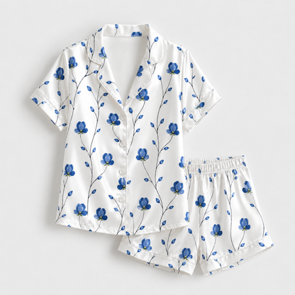 PJ-M176-Blue Floral Vine White Satin Pajama Set Two Piece Sleepwear Botanical Button Up Loungewear