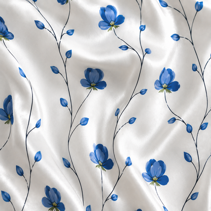 PJ-M176-Blue Floral Vine White Satin Pajama Set Two Piece Sleepwear Botanical Button Up Loungewear