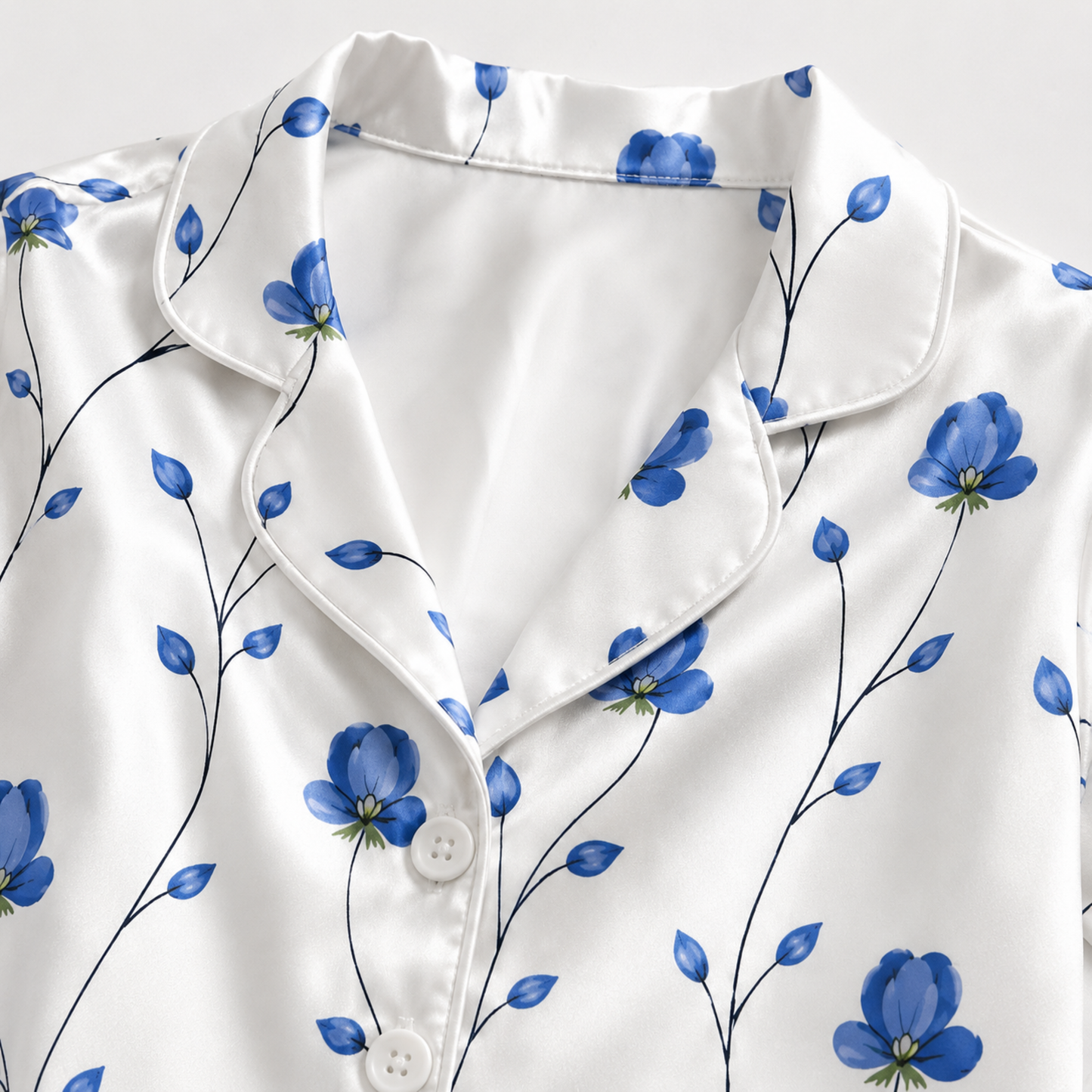 PJ-M176-Blue Floral Vine White Satin Pajama Set Two Piece Sleepwear Botanical Button Up Loungewear