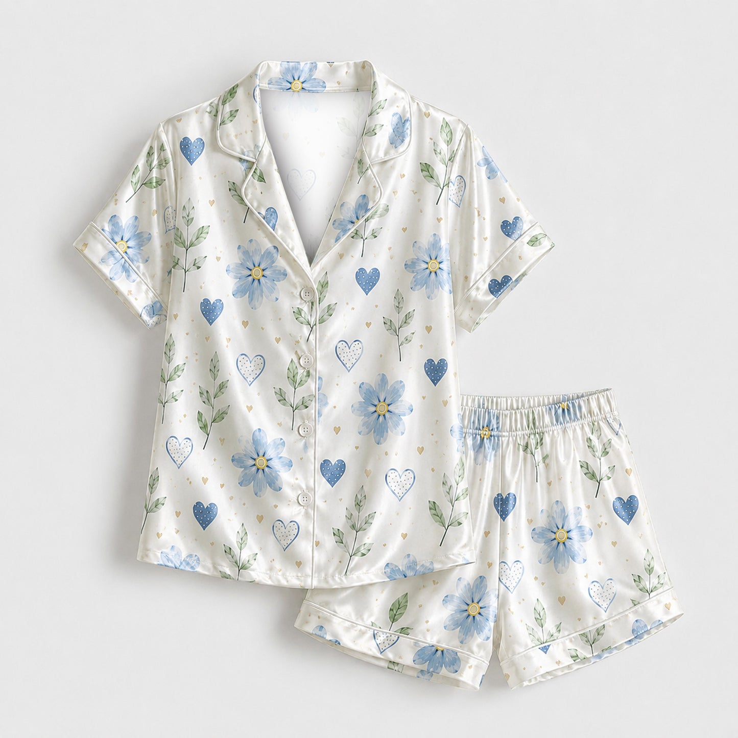 PJ-M177-Romantic Blue Floral Heart Satin Pajama Set Button Up Botanical Loungewear Sleepwear