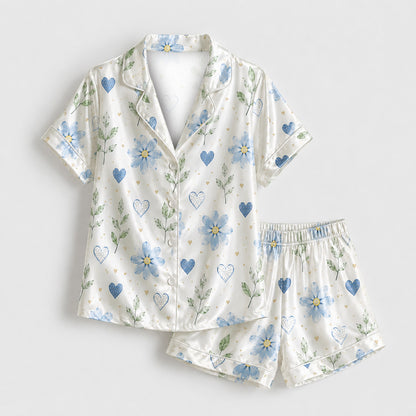 PJ-M177-Romantic Blue Floral Heart Satin Pajama Set Button Up Botanical Loungewear Sleepwear