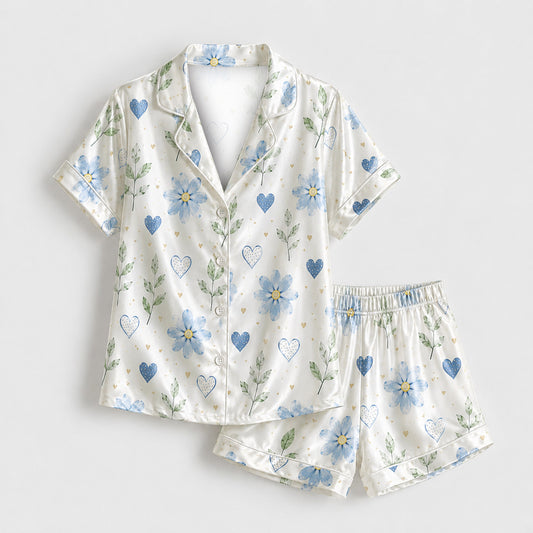 PJ-M177-Romantic Blue Floral Heart Satin Pajama Set Button Up Botanical Loungewear Sleepwear