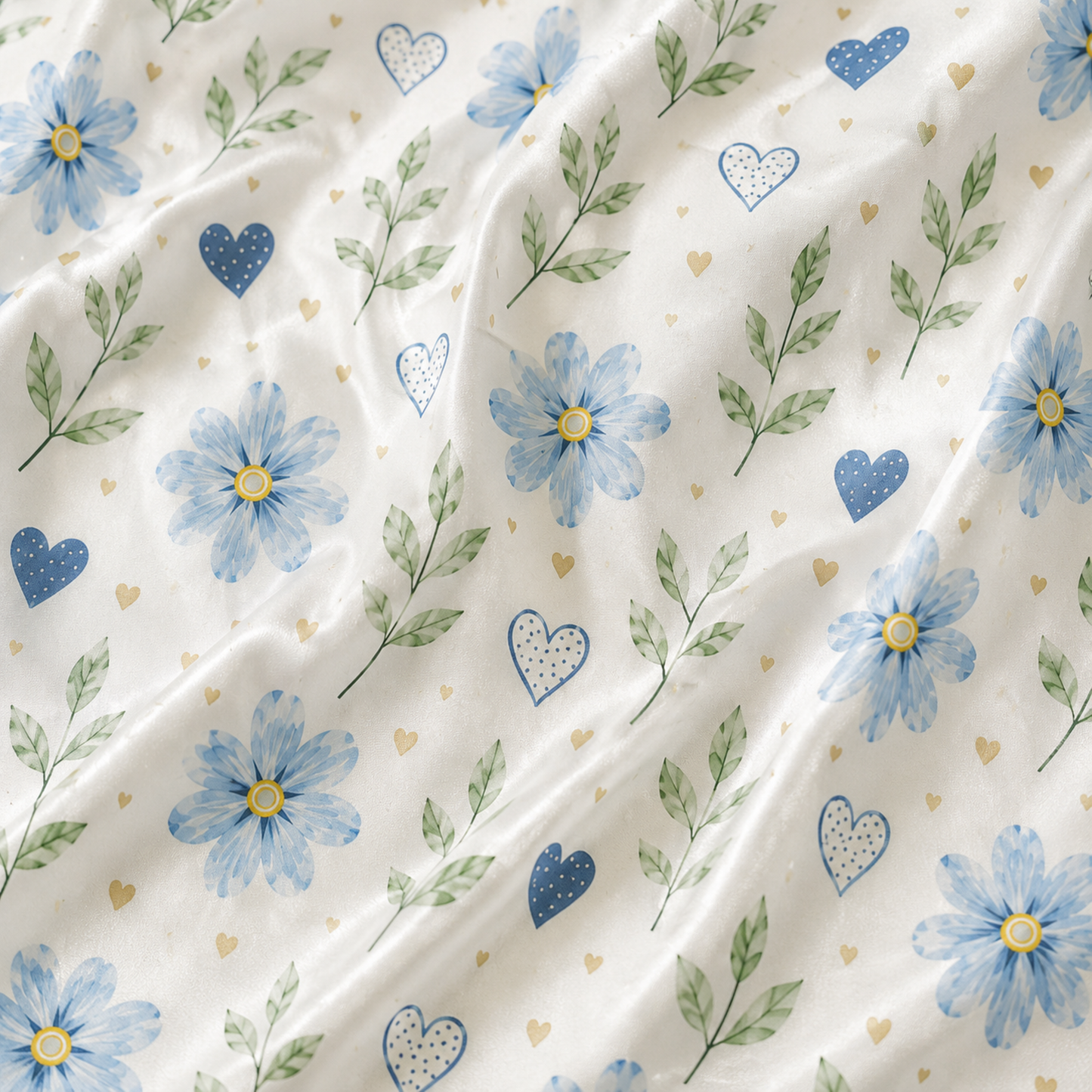 PJ-M177-Romantic Blue Floral Heart Satin Pajama Set Button Up Botanical Loungewear Sleepwear