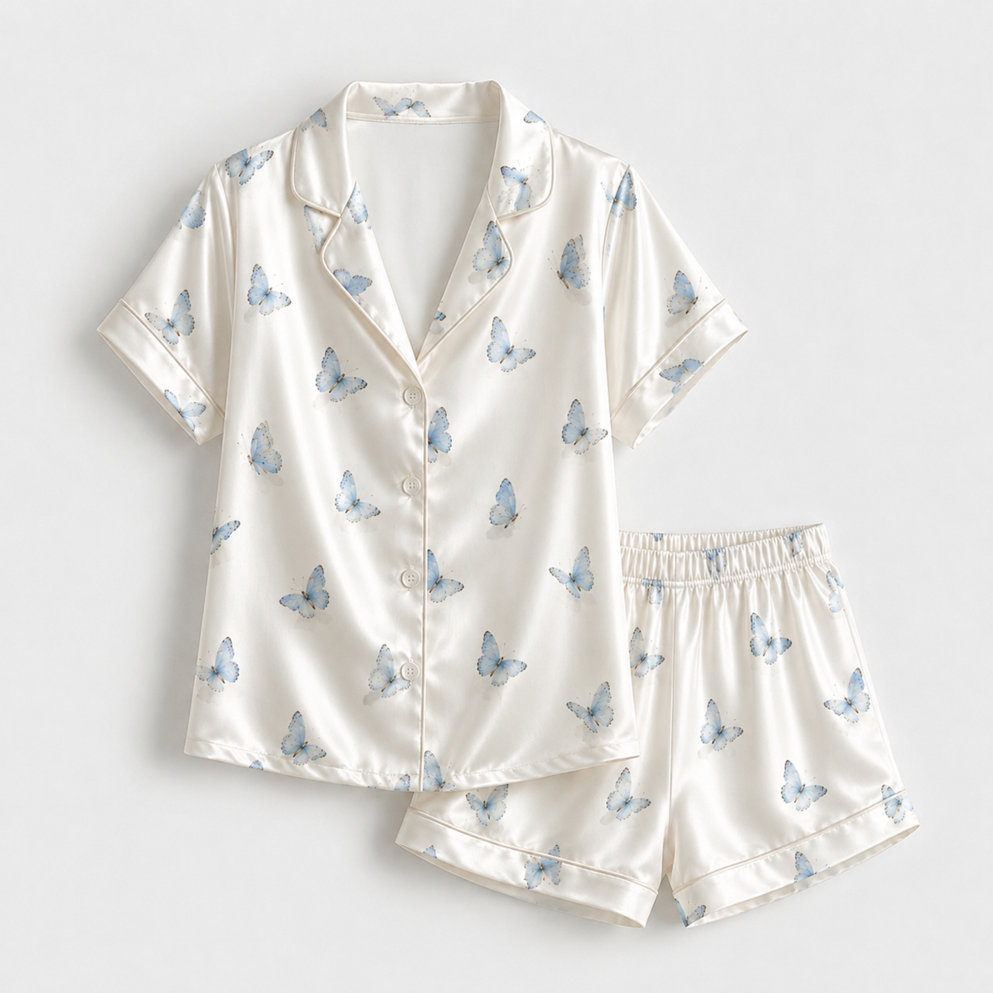 PJ-M179-Cream Blue Butterfly Satin Pajama Set Button Front Sleepwear Fairycore Loungewear
