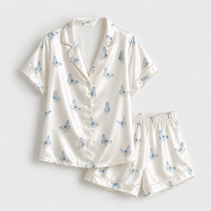 PJ-M179-Cream Blue Butterfly Satin Pajama Set Button Front Sleepwear Fairycore Loungewear
