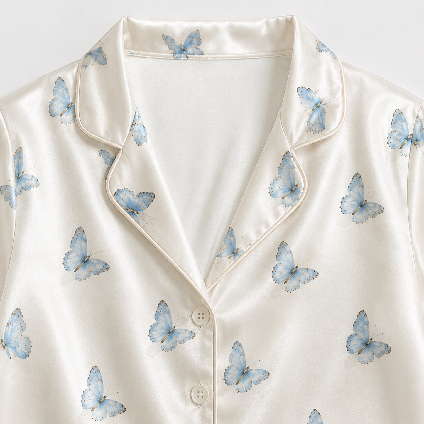 PJ-M179-Cream Blue Butterfly Satin Pajama Set Button Front Sleepwear Fairycore Loungewear