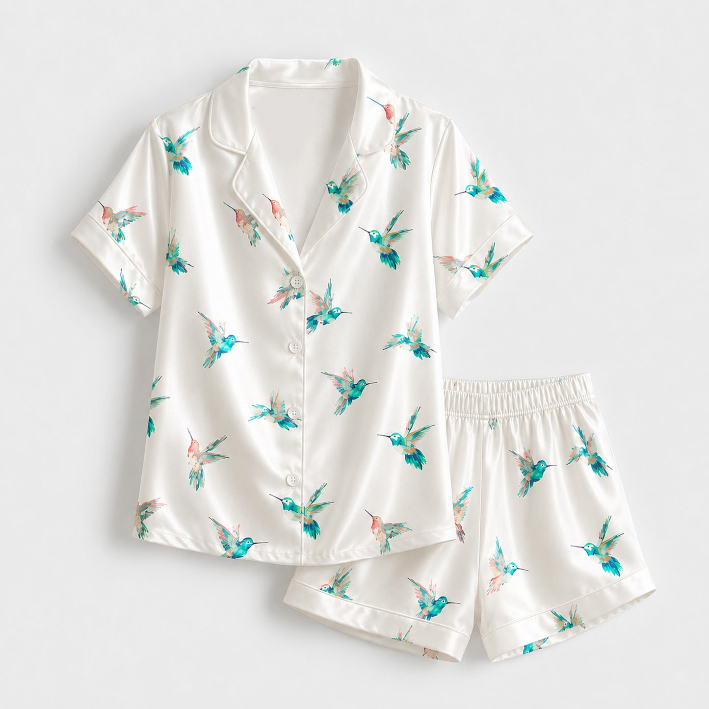 PJ-M180-White Teal Hummingbird Satin Pajama Set Tropical Bird Sleepwear Button Up Loungewear